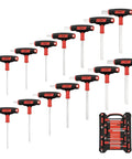 Long Arm T Handle Allen Wrench Set 14 Piece Metric And SAE Hex Keys With Storage Box displayed on a white background