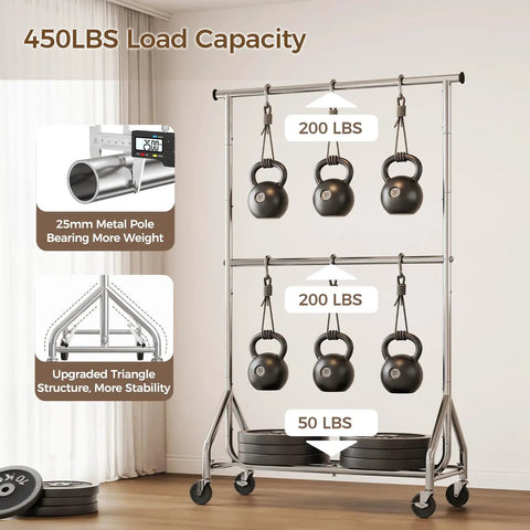 Kickass Durability Double Rod Clothes Rack, Rolling Garment Stand With Zero Hassle Setup, Heavy Duty Freestanding Closet Organizer For Bedroom Or Laundry, Space Savvy Two Tier Build In Sleek Silver