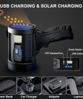 USB and solar charging rechargeable handheld spotlight with solar panels, ultra bright LED flashlight for outdoor use, hunting, camping, boating, long throw beam up to 2625 feet, three modes high medium strobe plus side light