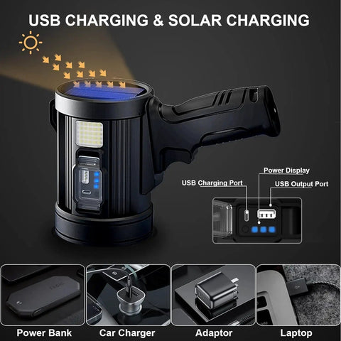USB and solar charging rechargeable handheld spotlight with solar panels, ultra bright LED flashlight for outdoor use, hunting, camping, boating, long throw beam up to 2625 feet, three modes high medium strobe plus side light