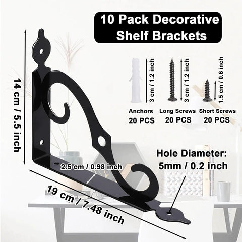 Heavy Duty 10 Pack L Shaped Shelf Brackets Wall Mounted Decorative Floating Shelf Hardware Kit With Screws And Anchors showing dimensions and included hardware.