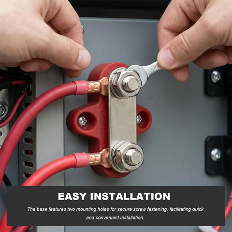 Two Pack Battery Terminal Distribution Block With M8 Dual Studs For Car Auto Boat Truck And RV Heavy Duty 12V Power Busbar Block Negative Positive Keeps Wiring Neat installed with red cables