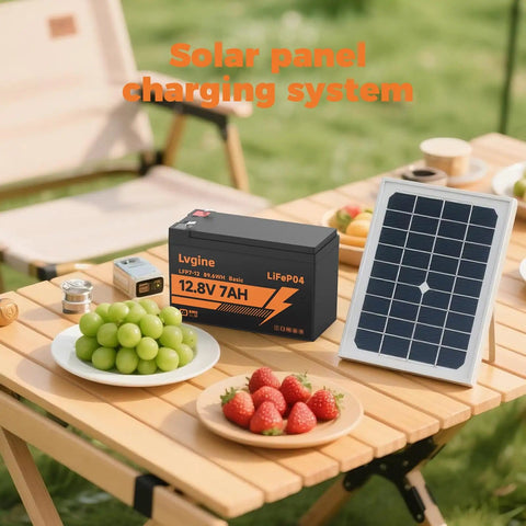 12V 7Ah LiFePO4 Battery for Ride On Toys and Outdoor Power next to solar panel on picnic table