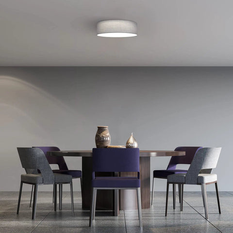Flush Mount Drum Ceiling Light With Remote Control, 12.6 Inch Diameter LED Fixture, gray drum shade above dining table.