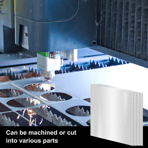 Front view of CNC laser cutter machining 304 stainless steel sheets (4x4 in, 1/8 in thick); 2-pack plates.
