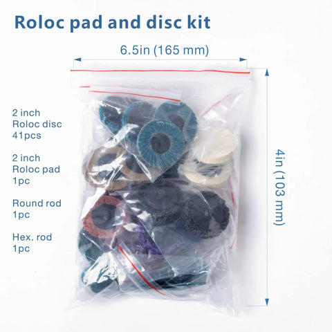 44 Piece 2 Inch Sanding Discs Set in clear plastic bag with quick change holder for die grinder, various discs visible