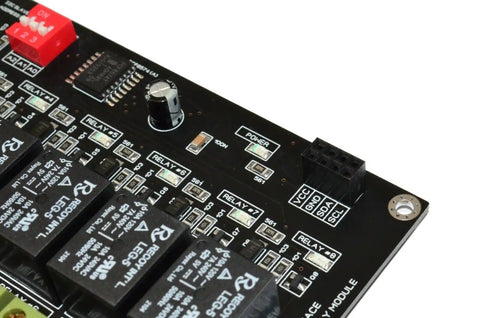 Close-up of Eight Channel I2C Relay Module for Arduino Raspberry Pi ESP32 and Home Assistant, showing relays and connectors.