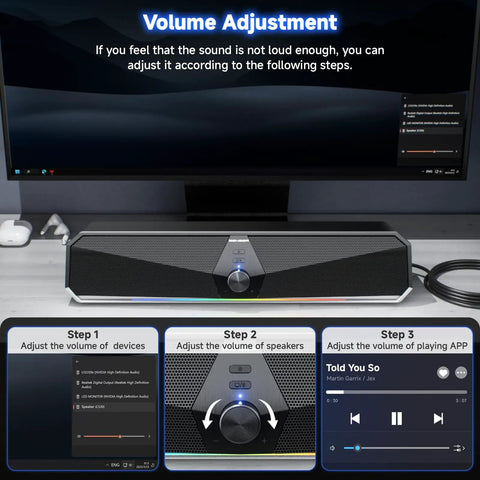 CS30 Bluetooth Desktop Speakers With USB Plug And Play, soundbar showing volume adjustment steps for monitor workspace