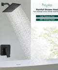 Matte Black 8 Inch Square Rainfall Shower Head Kit With Wall Mount Single Handle Valve And Trim in modern bathroom setting