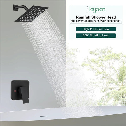 Matte Black 8 Inch Square Rainfall Shower Head Kit With Wall Mount Single Handle Valve And Trim in modern bathroom setting