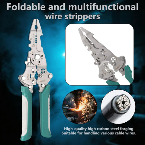 8 In 1 Electrician Pliers Set With Self Adjusting Wire Stripper Cutter And Crimp Tool showcased on a blue gradient background.