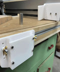 Heavy Duty Rear Hinge Assembly For Track Saws And Mft Tables Solid Aluminum Bracket with precise locking mechanism on workbench.