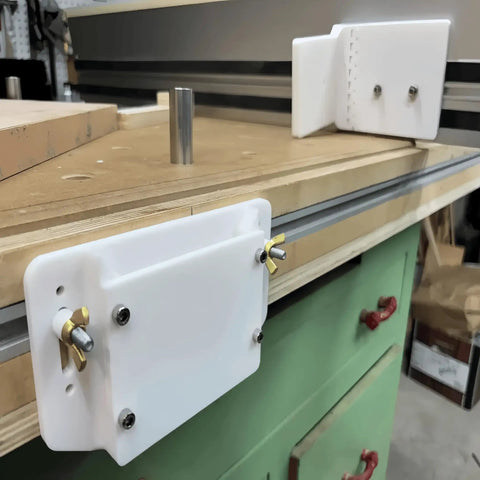 Heavy Duty Rear Hinge Assembly For Track Saws And Mft Tables Solid Aluminum Bracket with precise locking mechanism on workbench.
