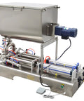 Heavy Duty Double Head Pneumatic Paste Filling Machine With Horizontal Mixing Hopper For Sauces And Creams Precision Piston Dispenser 100 To 1000 Ml No Sweat Capacity Workhorse Built Different On Day One in stainless steel with motor and controls.