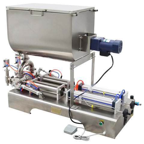 Heavy Duty Double Head Pneumatic Paste Filling Machine With Horizontal Mixing Hopper For Sauces And Creams Precision Piston Dispenser 100 To 1000 Ml No Sweat Capacity Workhorse Built Different On Day One in stainless steel with motor and controls.