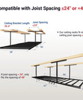 Diagram of Overhead Garage Storage Rack With 6 Hooks Heavy Duty Metal Ceiling Mount showing compatibility with joist spacing.
