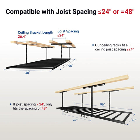 Diagram of Overhead Garage Storage Rack With 6 Hooks Heavy Duty Metal Ceiling Mount showing compatibility with joist spacing.