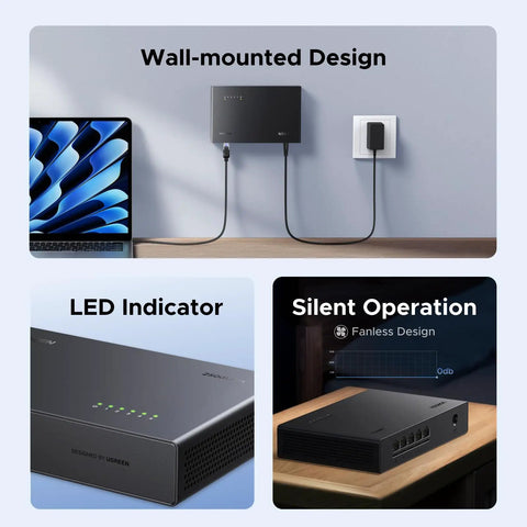 Five Port 2.5Gb Ethernet Switch with wall-mounted design, LED indicator, and fanless quiet operation for NAS, PC, game console.