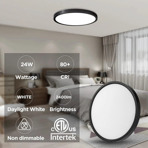 Slim 12 Inch 24W Flush Mount Round LED Ceiling Light Fixture Low Profile Daylight White Black Close To Ceiling Design For Bedrooms