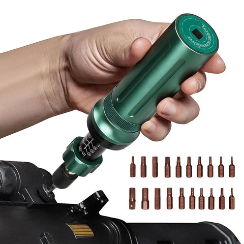 Precision Torque Screwdriver Set With 10 To 70 Inch Pounds Range Quarter Inch Drive 24 Piece Handy Kit For Precise Tightening Great For Electronics Appliances DIY Projects And Car Maintenance, green metal handle and S2 bits