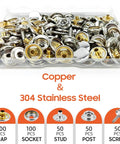 Heavy Duty Marine Grade Stainless Steel Boat Snap Fasteners Kit With 350 Pieces And 100 Sets Including Three Eighths Inch Snap Buttons For Boat Covers And Upholstery Built To Last Screws Included And Leather Snaps For Rust Resistance Silver displayed on a tray