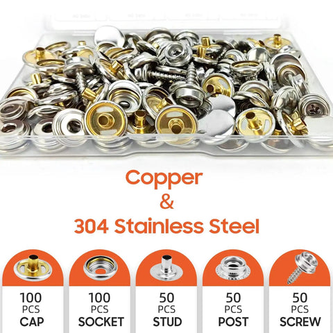 Heavy Duty Marine Grade Stainless Steel Boat Snap Fasteners Kit With 350 Pieces And 100 Sets Including Three Eighths Inch Snap Buttons For Boat Covers And Upholstery Built To Last Screws Included And Leather Snaps For Rust Resistance Silver displayed on a tray