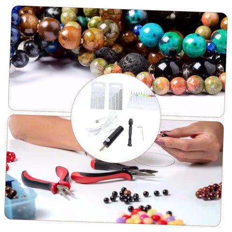 Mini Electric Drill Set For Jewelry Making And Crafting With USB Powered Mini Drill Twist Bits And PCB Accessories shown with beads.