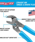 4.5 Inch Slip Joint Pliers With Straight Jaw Tongue And Groove Hardened Steel Construction PERMALOCK Fastener Blue Comfort Grips