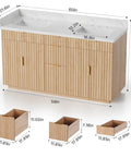 60 Inch Freestanding Double Sink Bathroom Vanity With White Quartz Countertop And Fluted Wood Finish, storage dimensions shown.