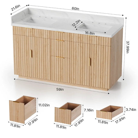 60 Inch Freestanding Double Sink Bathroom Vanity With White Quartz Countertop And Fluted Wood Finish, storage dimensions shown.