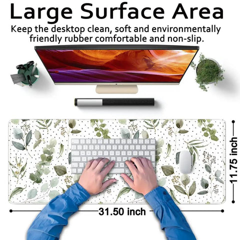Top view of large Green Speckled Boho Mouse Pad Desk Mat With Non Slip Rubber Base, Stitched Edges, 31.5x11.75 Inches.