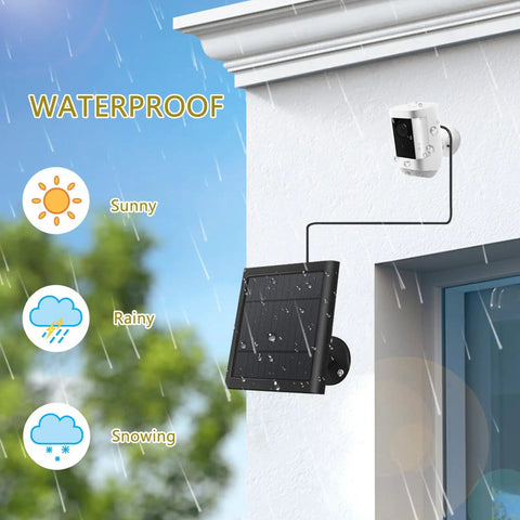 Durable Solar Panel For Security Cameras Keeps Spotlight Cam Plus Pro Battery And Stick Up Cam Pro Wireless Outdoor Juiced By Sun With 10ft Cable Dustproof Waterproof Easy Install Weather Resistant Black Finish installed on wall