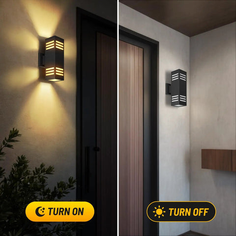 2 Pack Modern Outdoor Wall Lights Up And Down Aluminum Sconces IP65 Waterproof With E26 Bulbs Warm 2700K on and off view