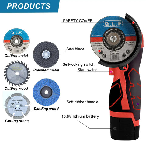 Cordless Angle Grinder Kit With 19500 RPM, Two 16.8V 2000mAh Batteries, Six Cutting Discs, and Fast Charger, Portable Handheld Grinder