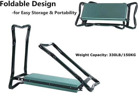 Heavy Duty Garden Kneeler And Seat With Two Tool Pouches, Foldable Garden Bench Stool, showing foldable design and weight capacity