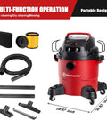 Workhorse Portable Wet Dry Vacuum For Home And Shop, 6 Gallon Tank, 3 Peak HP Motor, with attachments and dimensions shown