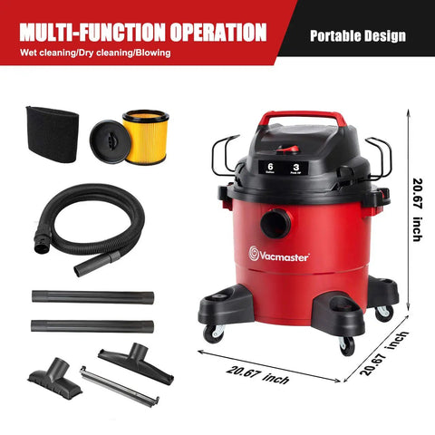 Workhorse Portable Wet Dry Vacuum For Home And Shop, 6 Gallon Tank, 3 Peak HP Motor, with attachments and dimensions shown