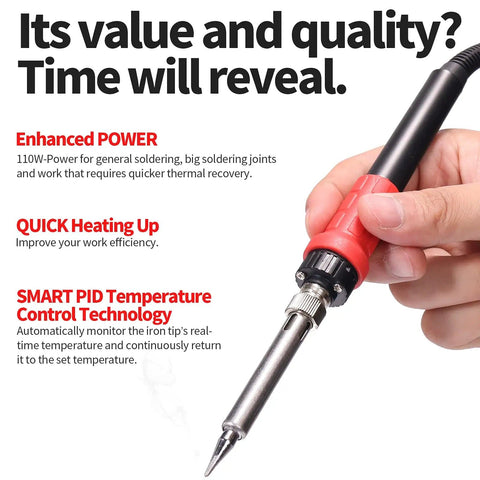 Hand holding 110W Soldering Iron Station Kit with LED display, quick thermal recovery, PID temperature control.