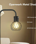 Close-up of Industrial LED Floor Lamp Tall Standing Light with 6W Bulb, showcasing openwork metal shade and E26 socket.