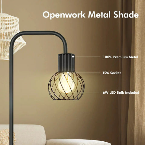 Close-up of Industrial LED Floor Lamp Tall Standing Light with 6W Bulb, showcasing openwork metal shade and E26 socket.