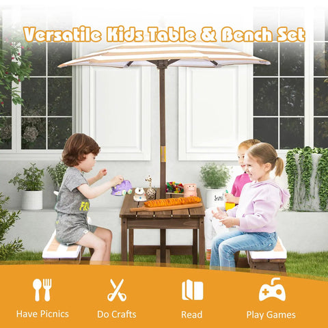 Kid Approved Outdoor Picnic Table Set With Cushioned Benches, Built In Umbrella in use by children in garden setting