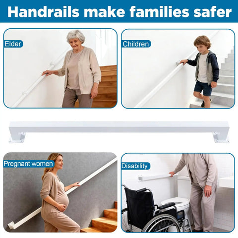 Rock Solid 5 Foot White Industrial Handrail Heavy Duty Galvanized Steel Railing Kit displayed for elder, children, pregnant women and disability use.