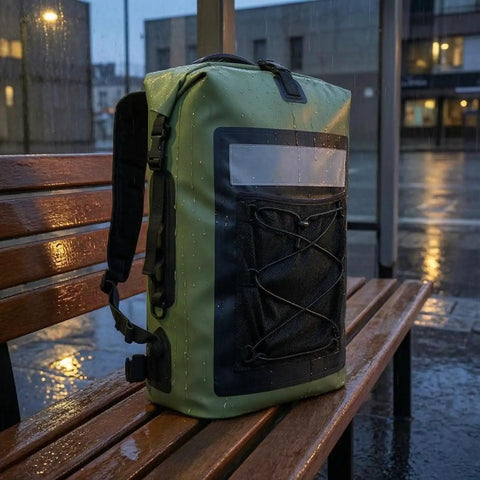 Waterproof Roll-Top Backpack With Padded Straps 35L Daypack For Hiking And Camping on a rainy bench, green and black design.