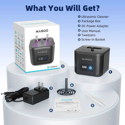 Powerful 45kHz Ultrasonic Cleaner with UV Sanitizer, equipment set including power adapter and user manual displayed
