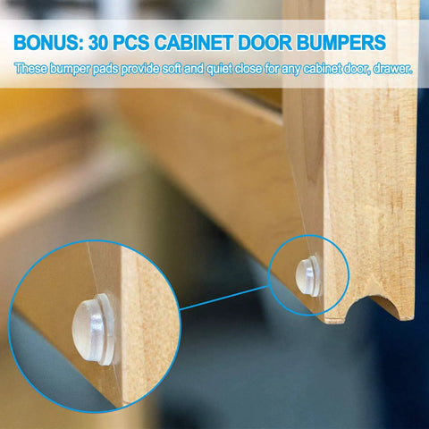 30 PCS cabinet door bumpers for soft, quiet close on any door or drawer; bonus for 30 Pack Three Eighths Inch Inset Hinges For Face Frame Kitchen Cabinets Satin Nickel Self Closing Hinges With Mounting Screws Easy Install Heavy Duty Hardware For Smooth Self Closing Doors And Durable Cupboard Use