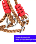Heavy Duty Wooden Swing Seat For Adults With Adjustable Rope And Carabiner featuring durable braided rope and red hinges.