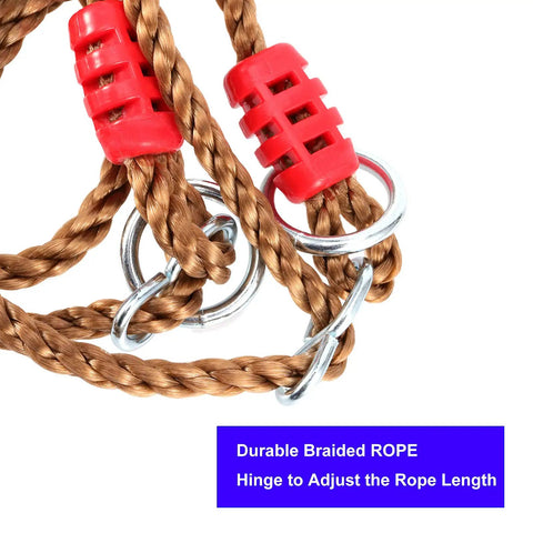 Heavy Duty Wooden Swing Seat For Adults With Adjustable Rope And Carabiner featuring durable braided rope and red hinges.