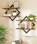 Top Shelf Two Tier Floating Wall Shelves Set Of Two With Sleek Diamond Iron Frame Rustic Brown Metal Decor for Living Room Bedroom Kitchen Home Office, showcasing plants and decor.