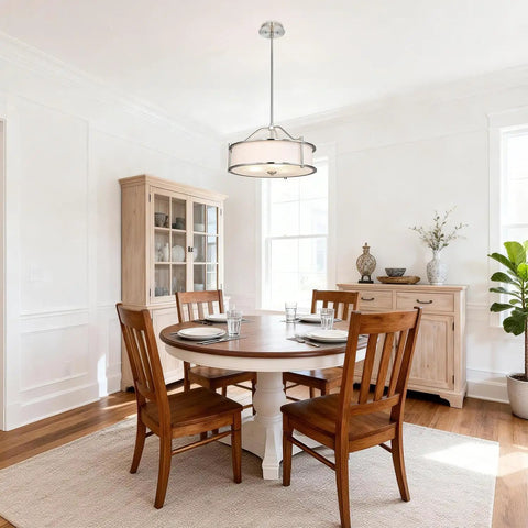 Three Light Drum Pendant With Fabric Shade And Glass Diffuser In Brushed Nickel, 18 Inch Ceiling Light Fixture Over Dining Area