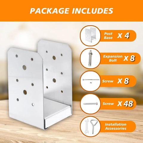 Package includes for Beefy Stainless Steel 4x4 Post Base Bracket Set Adjustable Internal 3.5x3.5 In Concrete Post Anchor, screws, bolts